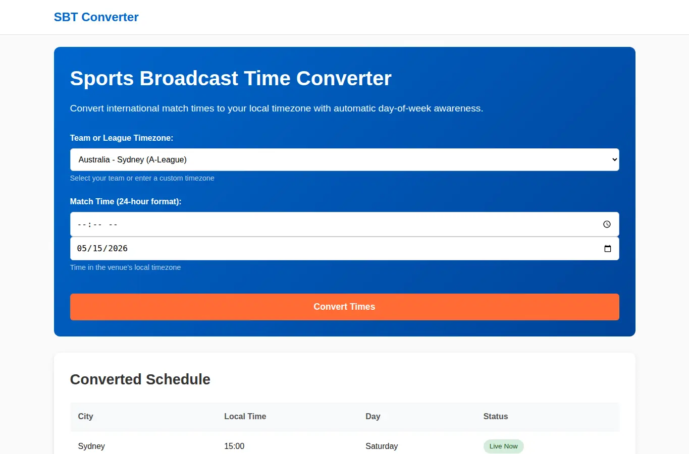 Screenshot of Sports Broadcast Time Converter interface showing the project page in use